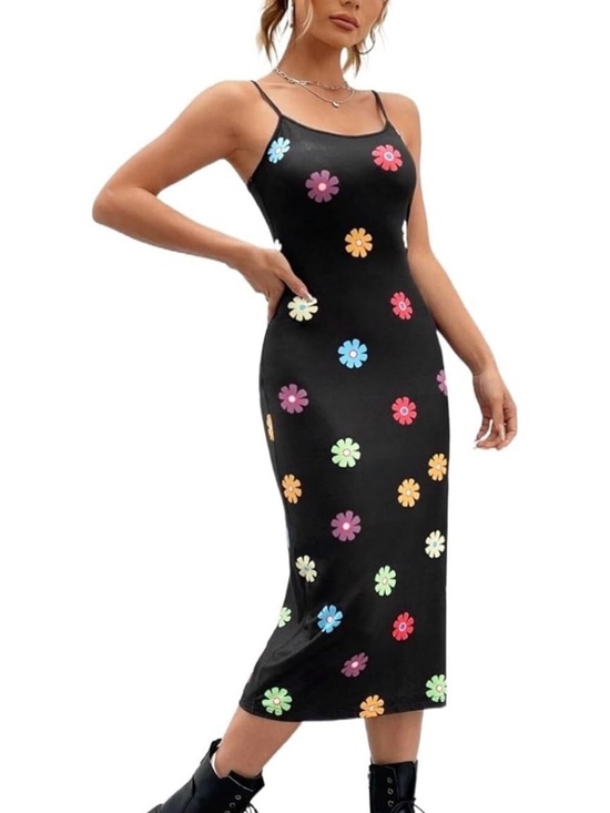 SHEIN Dresses & Skirts - SHEIN Black Floral Slip Midi Dress with Multicolor Daisy Print